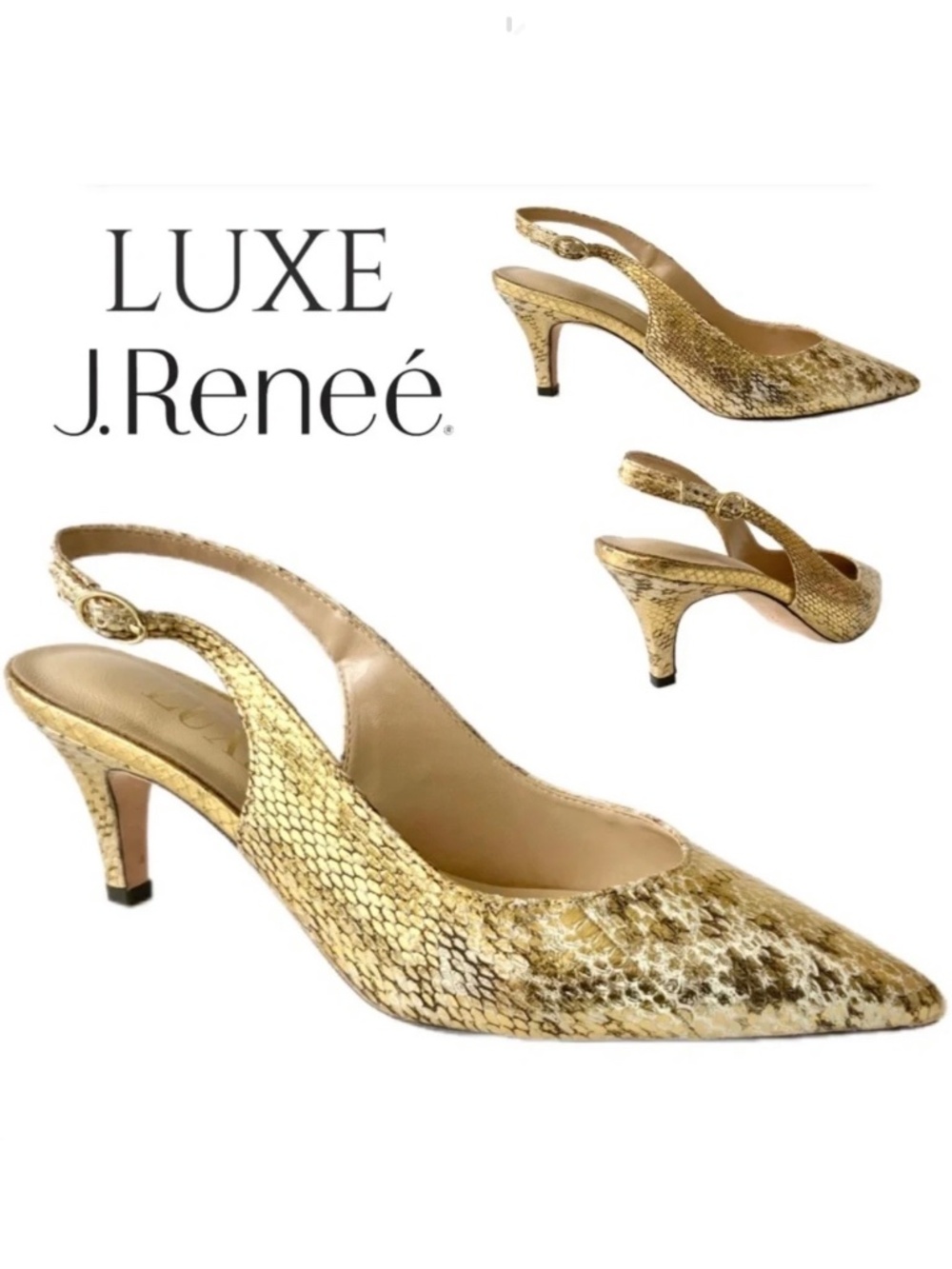 LUXE J.RENEE Gold Leather Slingback Medium Heel Pointed Toe Snake Embossed Pumps